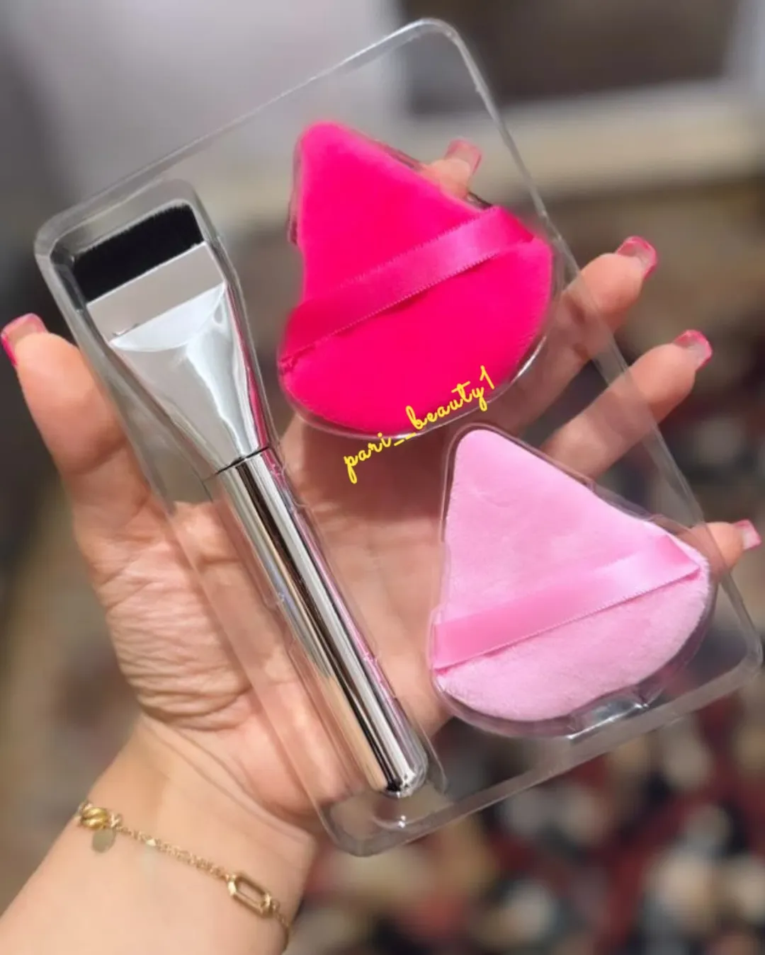 پک سه عددی براش تخت کرم پودر سیلور و پاف پودری مثلثی sweet beauty